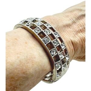 Silver Tone Rhinestone Bangle Bracelet‎ Women's Hinged Sparkly Cuff Jewelry